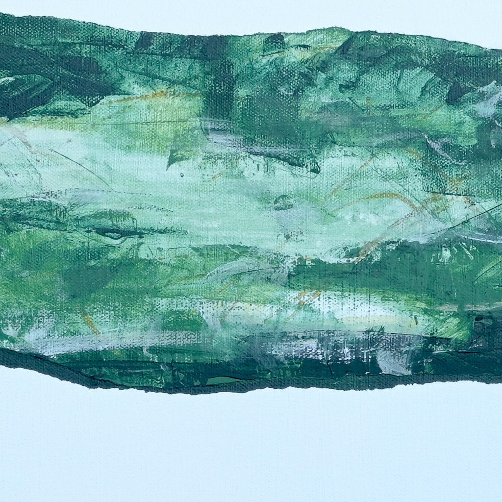 A closeup of an orginal green painting by Jema. It shows the light greens to dark greens on a white canvas background.